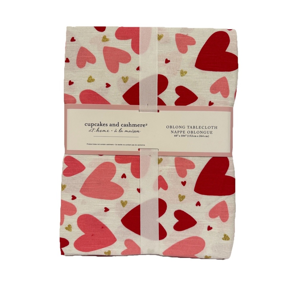 Cupcakes & Cashmere Red Pink Gold Hearts Tablecloth Oblong 60" x 104" Valentines
